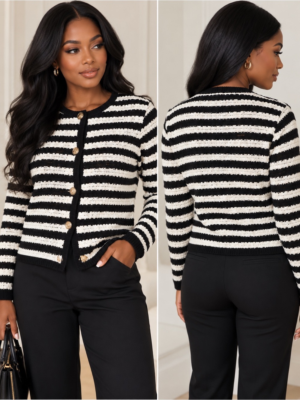 Ann Taylor Black & Ivory Striped Crewneck Cardigan with Gold Buttons